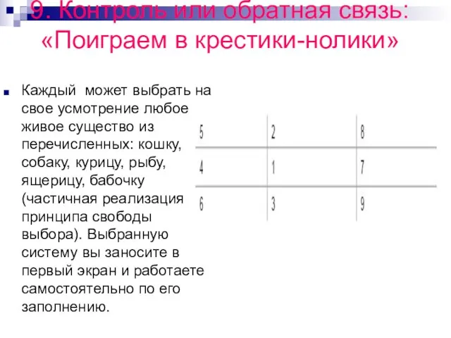 9. Контроль или обратная связь: «Поиграем в крестики-нолики» Каждый может выбрать на