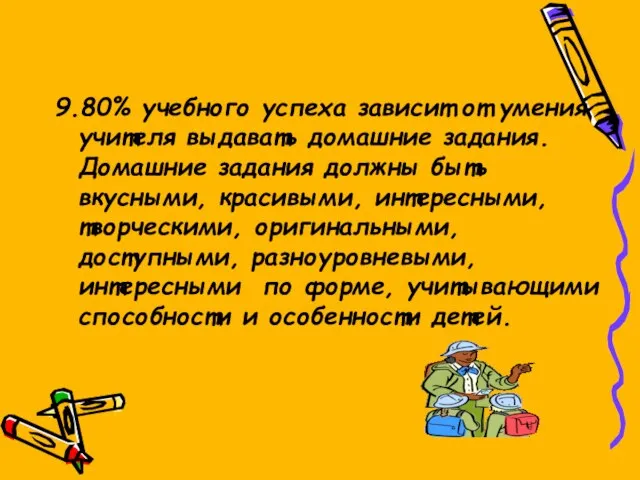 9.80% учебного успеха зависит от умения учителя выдавать домашние задания. Домашние задания