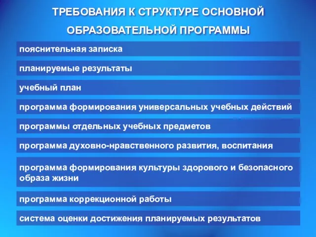 ТРЕБОВАНИЯ К СТРУКТУРЕ ОСНОВНОЙ ОБРАЗОВАТЕЛЬНОЙ ПРОГРАММЫ пояснительная записка планируемые результаты учебный план