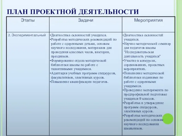 ПЛАН ПРОЕКТНОЙ ДЕЯТЕЛЬНОСТИ