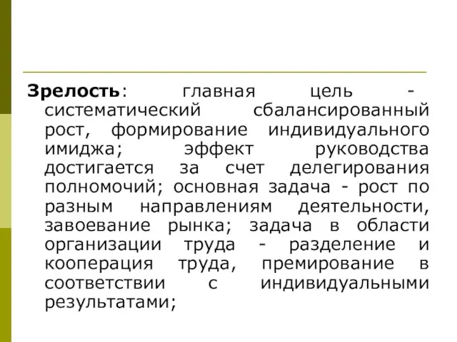 Зрелость: главная цель - систематический сбалансированный рост, формирование индивидуального имиджа; эффект руководства