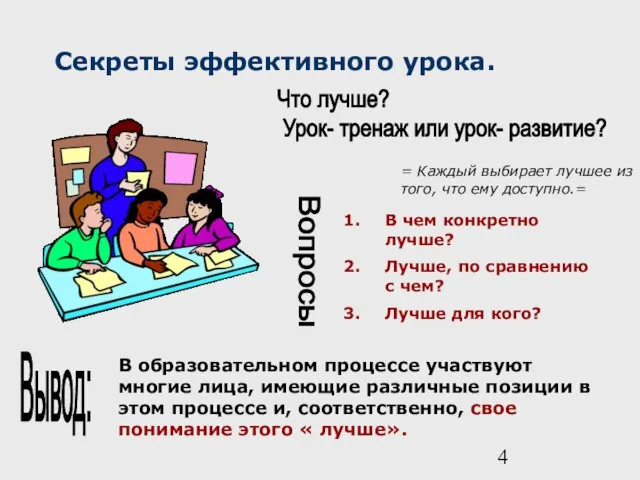 Секреты эффективного урока. Что лучше? Урок- тренаж или урок- развитие? = Каждый