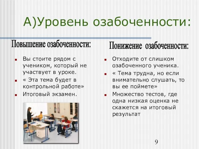 А)Уровень озабоченности: Вы стоите рядом с учеником, который не участвует в уроке.