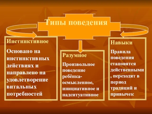 Типы поведения Инстинктивное Основано на инстинктивных действиях и направлено на удовлетворение витальных