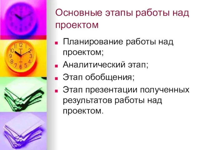 Основные этапы работы над проектом Планирование работы над проектом; Аналитический этап; Этап