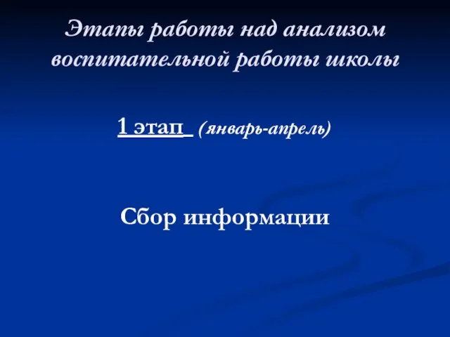 Этапы работы над анализом воспитательной работы школы 1 этап (январь-апрель) Сбор информации