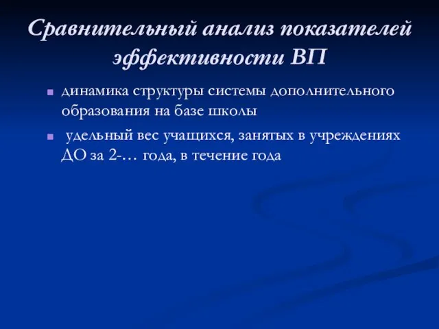 Сравнительный анализ показателей эффективности ВП динамика структуры системы дополнительного образования на базе