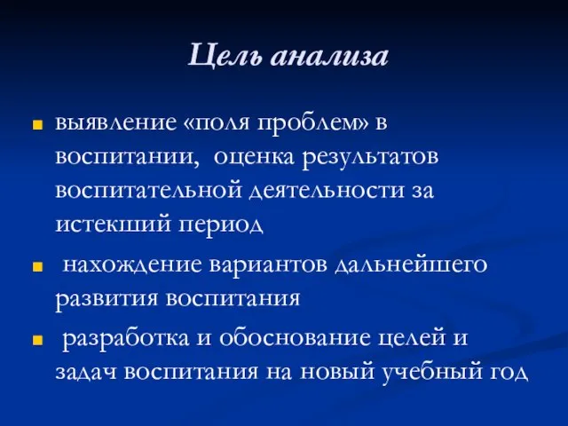 Цель анализа выявление «поля проблем» в воспитании, оценка результатов воспитательной деятельности за