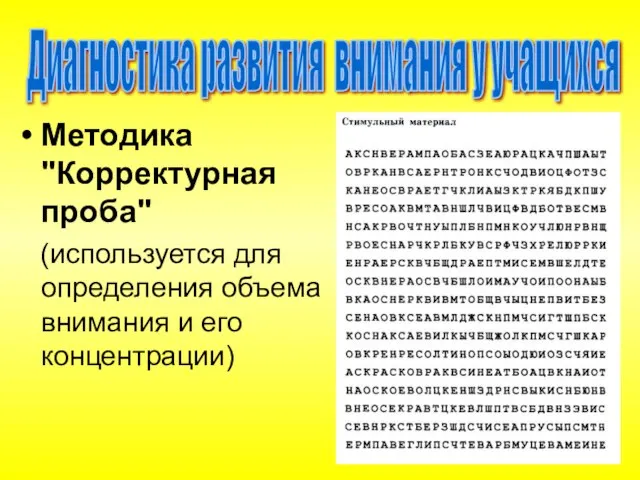 Методика "Корректурная проба" (используется для определения объема внимания и его концентрации) Диагностика развития внимания у учащихся