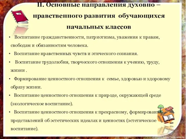 II. Основные направления духовно – нравственного развития обучающихся начальных классов Воспитание гражданственности,