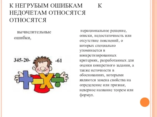 К НЕГРУБЫМ ОШИБКАМ К НЕДОЧЕТАМ ОТНОСЯТСЯ ОТНОСЯТСЯ вычислительные ошибки, нерациональное решение, описки,