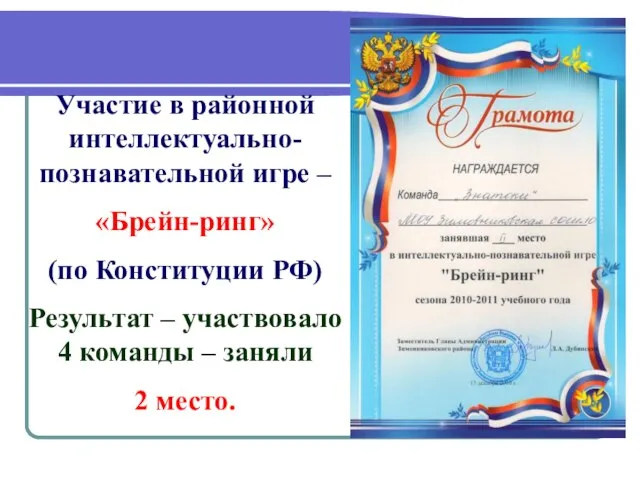 Участие в районной интеллектуально-познавательной игре – «Брейн-ринг» (по Конституции РФ) Результат –