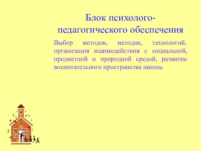 Блок психолого- педагогического обеспечения Выбор методов, методик, технологий, организация взаимодействия с социальной,