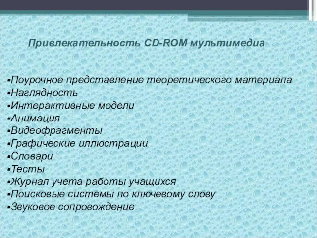 Привлекательность CD-ROM мультимедиа Поурочное представление теоретического материала Наглядность Интерактивные модели Анимация Видеофрагменты