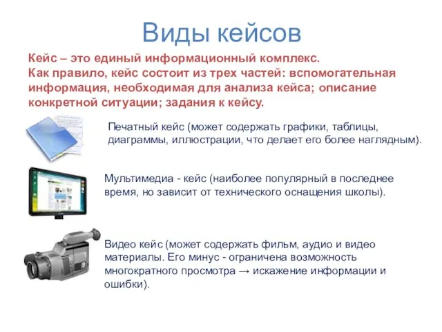 Виды кейсов Кейс – это единый информационный комплекс. Как правило, кейс состоит