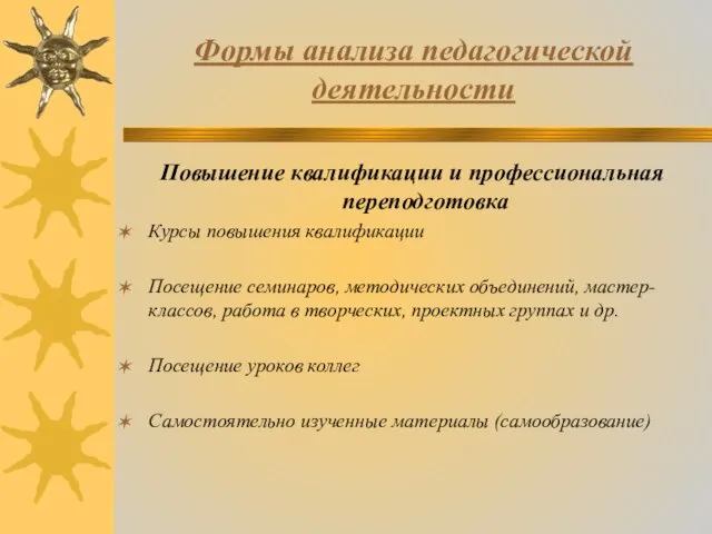 Формы анализа педагогической деятельности Повышение квалификации и профессиональная переподготовка Курсы повышения квалификации