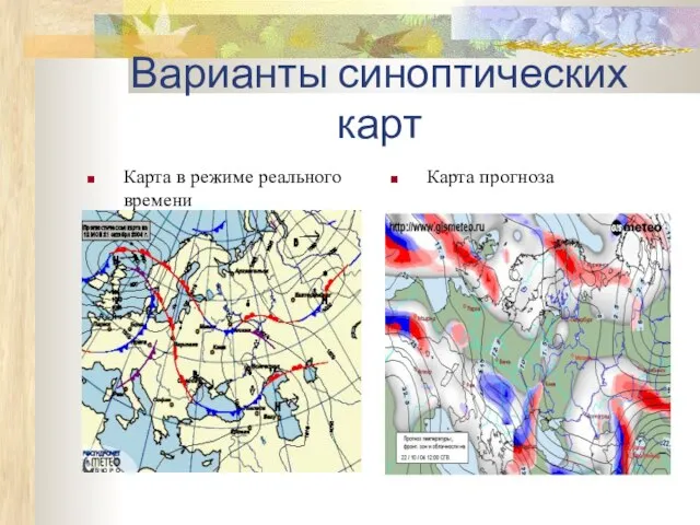 Варианты синоптических карт Карта в режиме реального времени Карта прогноза