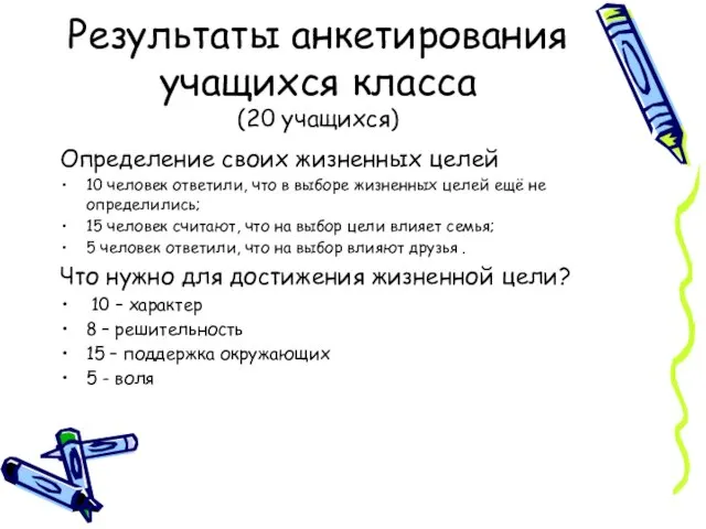 Результаты анкетирования учащихся класса (20 учащихся) Определение своих жизненных целей 10 человек