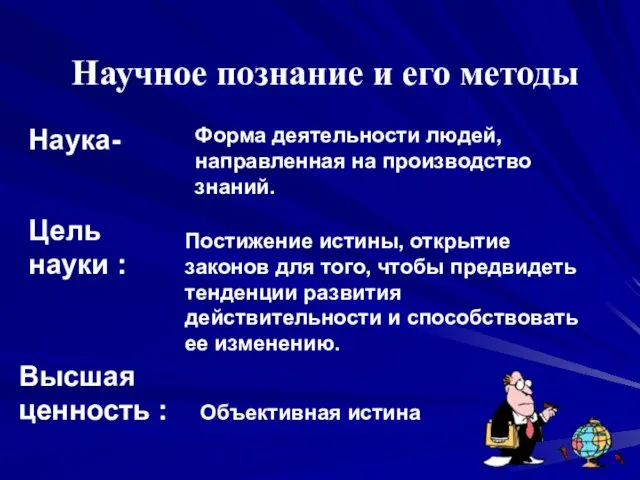 Научное познание и его методы Наука- Форма деятельности людей, направленная на производство