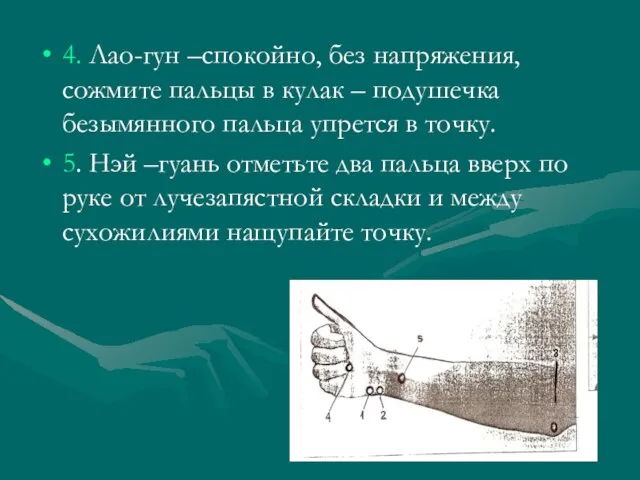 4. Лао-гун –спокойно, без напряжения, сожмите пальцы в кулак – подушечка безымянного