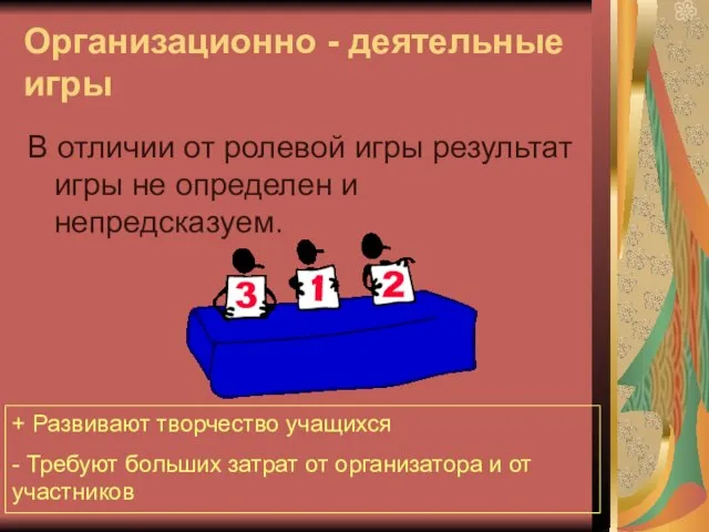 Организационно - деятельные игры В отличии от ролевой игры результат игры не