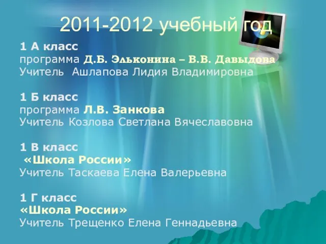 2011-2012 учебный год 1 А класс программа Д.Б. Эльконина – В.В. Давыдова