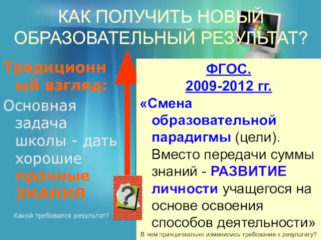 ГОС.СТАНДАРТ 2004 г.: «…ориентации образования не только на усвоение обучающимся определенной суммы