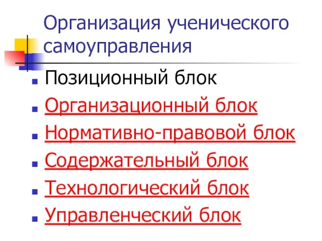 Организация ученического самоуправления Позиционный блок Организационный блок Нормативно-правовой блок Содержательный блок Технологический блок Управленческий блок