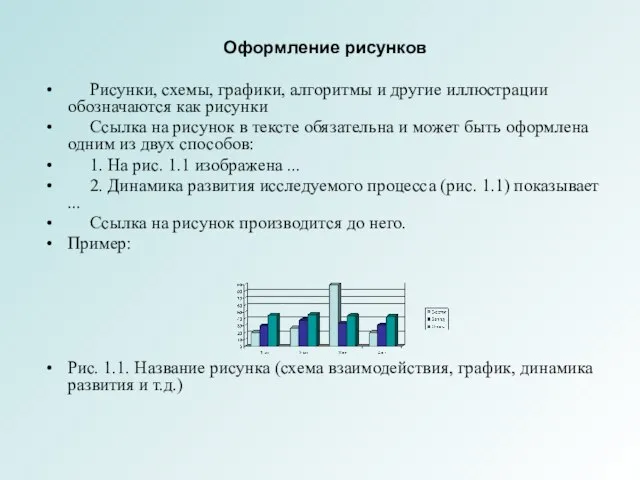 Оформление рисунков Рисунки, схемы, графики, алгоритмы и другие иллюстрации обозначаются как рисунки