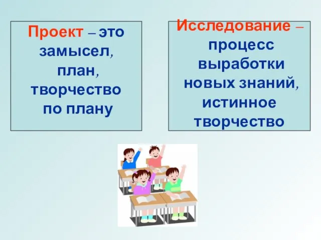 Проект – это замысел, план, творчество по плану Исследование – процесс выработки новых знаний, истинное творчество