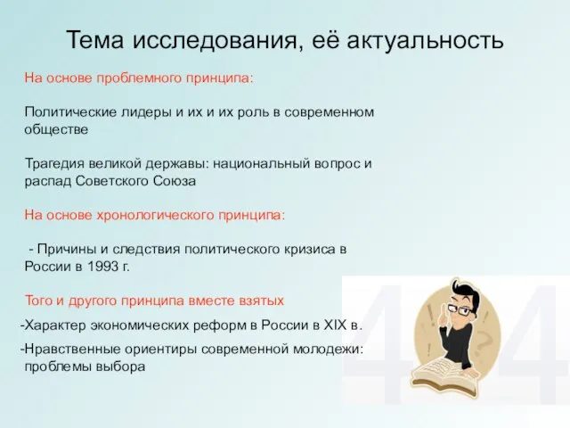 Тема исследования, её актуальность На основе проблемного принципа: Политические лидеры и их