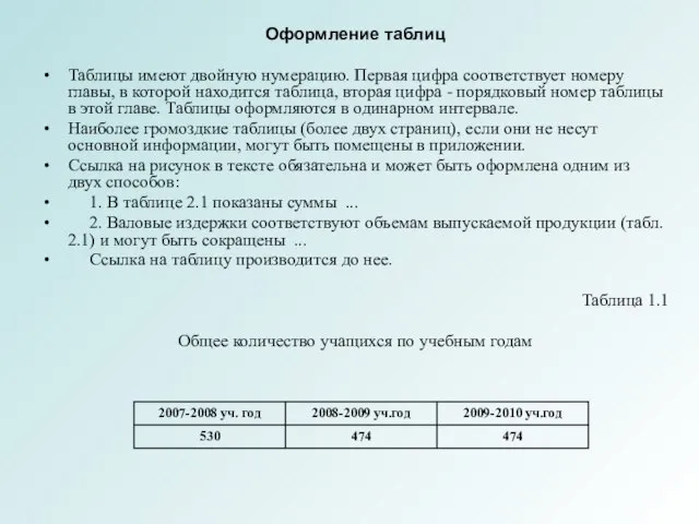 Оформление таблиц Таблицы имеют двойную нумерацию. Первая цифра соответствует номеру главы, в