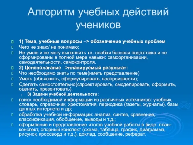 Алгоритм учебных действий учеников 1) Тема, учебные вопросы –> обозначение учебных проблем