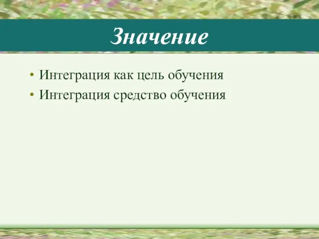 Значение Интеграция как цель обучения Интеграция средство обучения