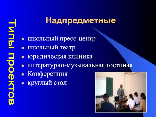 Надпредметные школьный пресс-центр школьный театр юридическая клиника литературно-музыкальная гостиная Конференция круглый стол Типы проектов