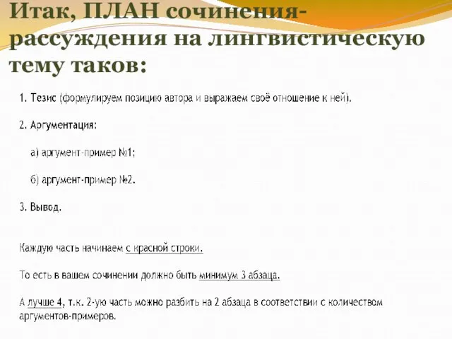 Итак, ПЛАН сочинения-рассуждения на лингвистическую тему таков: