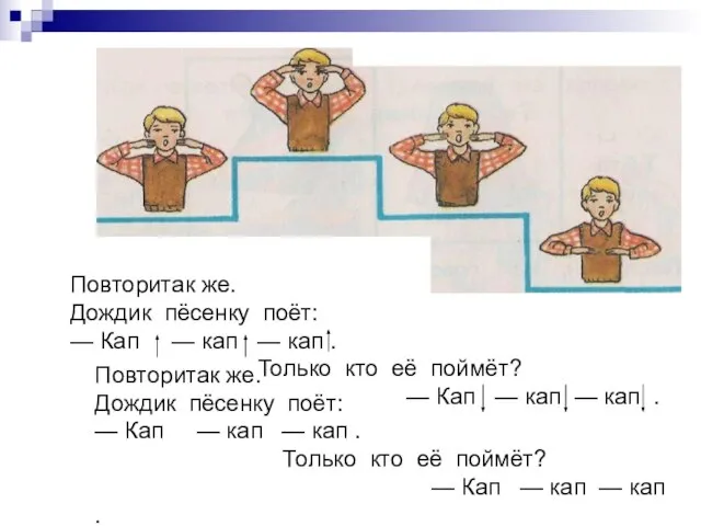 Повторитак же. Дождик пёсенку поёт: — Кап — кап — кап .