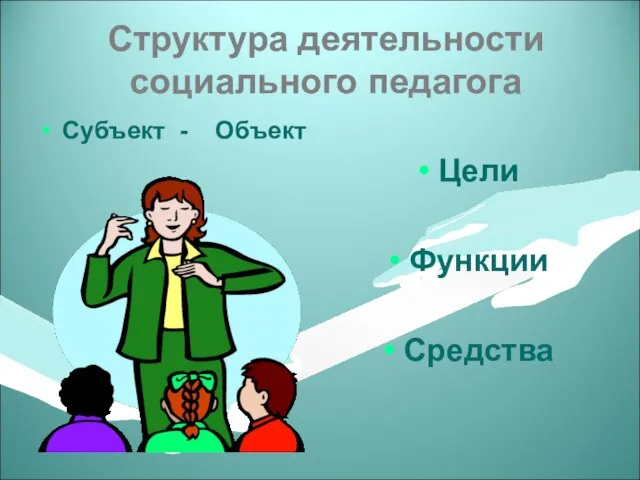 Структура деятельности социального педагога Субъект - Объект Цели Функции Средства