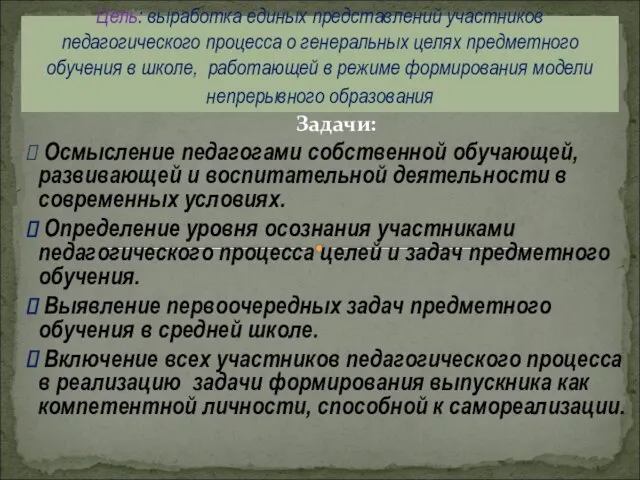 Задачи: Осмысление педагогами собственной обучающей, развивающей и воспитательной деятельности в современных условиях.