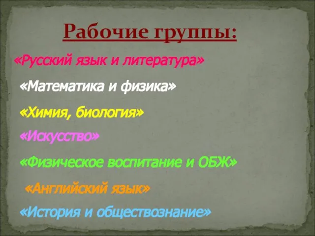 Рабочие группы: «Русский язык и литература» «Математика и физика» «Химия, биология» «Искусство»