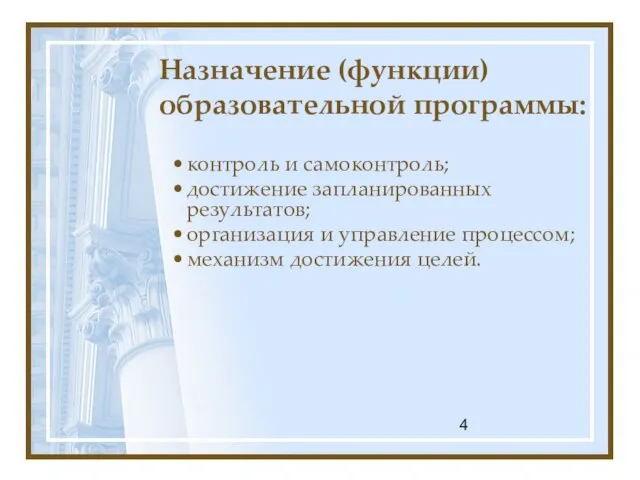 Назначение (функции) образовательной программы: контроль и самоконтроль; достижение запланированных результатов; организация и