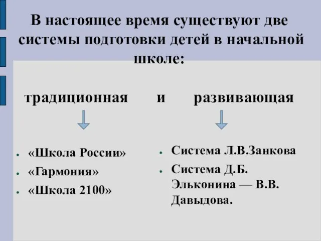 В настоящее время существуют две системы подготовки детей в начальной школе: традиционная