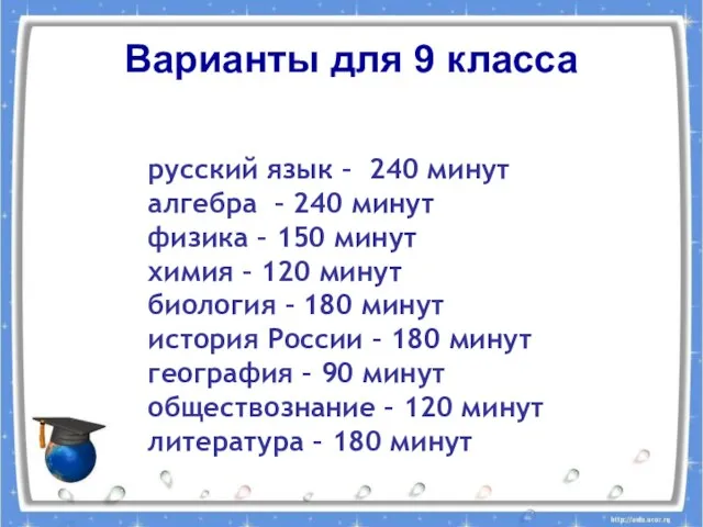 Варианты для 9 класса русский язык – 240 минут алгебра – 240