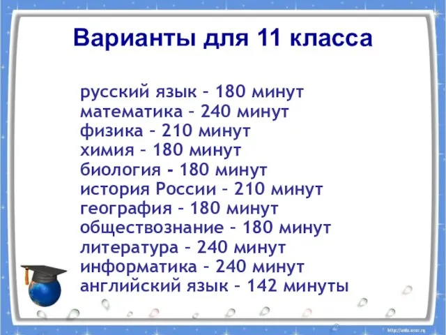 Варианты для 11 класса русский язык – 180 минут математика – 240