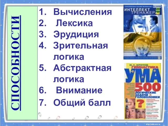 СПОСОБНОСТИ Вычисления Лексика Эрудиция Зрительная логика Абстрактная логика Внимание Общий балл