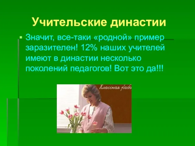 Учительские династии Значит, все-таки «родной» пример заразителен! 12% наших учителей имеют в