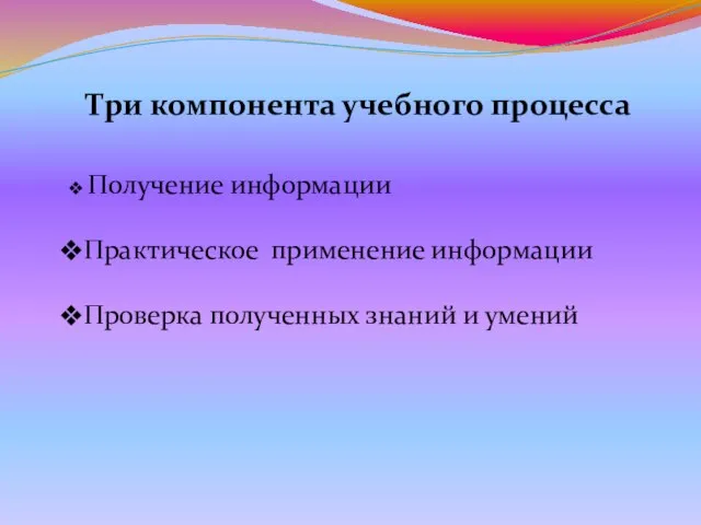 Три компонента учебного процесса Получение информации Практическое применение информации Проверка полученных знаний и умений