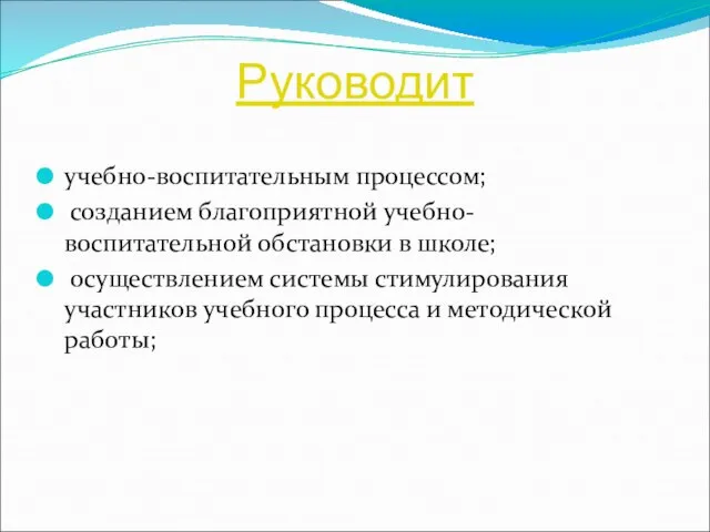 Руководит учебно-воспитательным процессом; созданием благоприятной учебно-воспитательной обстановки в школе; осуществлением системы стимулирования