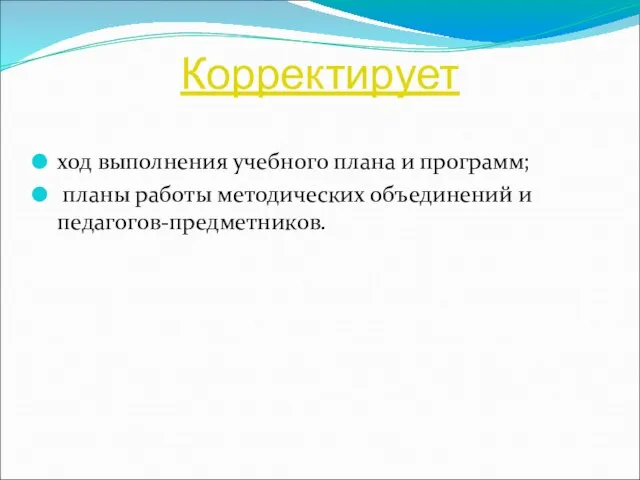 Корректирует ход выполнения учебного плана и программ; планы работы методических объединений и педагогов-предметников.