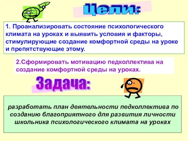 Цели: 1. Проанализировать состояние психологического климата на уроках и выявить условия и